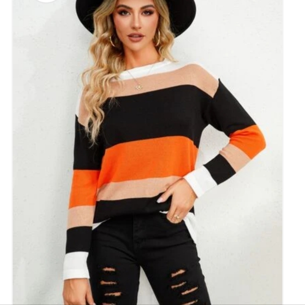 Lane E Boutique Cozy Round Neck Drop Neck Striped Color Block Cinch Sz S Sweater